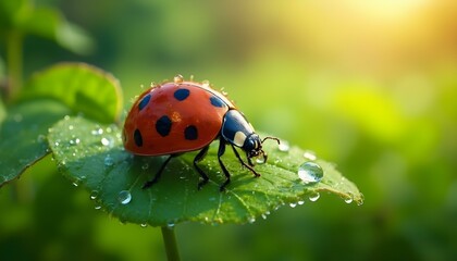 Obraz premium A vibrant ladybug, bold red with distinctive black spots, resting on a lush green leaf, showcasing its bright colors against the rich foliage, embodying the beauty of nature