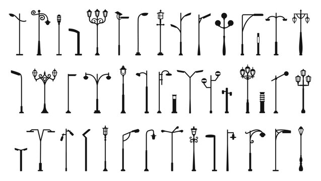 Streetlights silhouettes. Outdoor lighting lamp posts, street light poles and park illumination. Vintage lanterns and modern streetlights shapes vector set