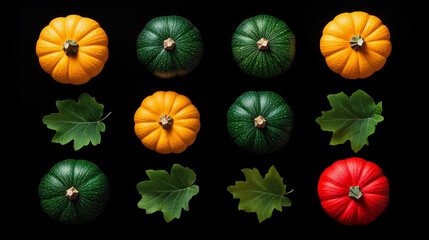 A grid of different colored pumpkins and green leaves on a black background, top view, flat lay photography.