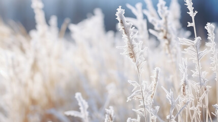 Naklejka premium Frosty grass blades with intricate ice crystals