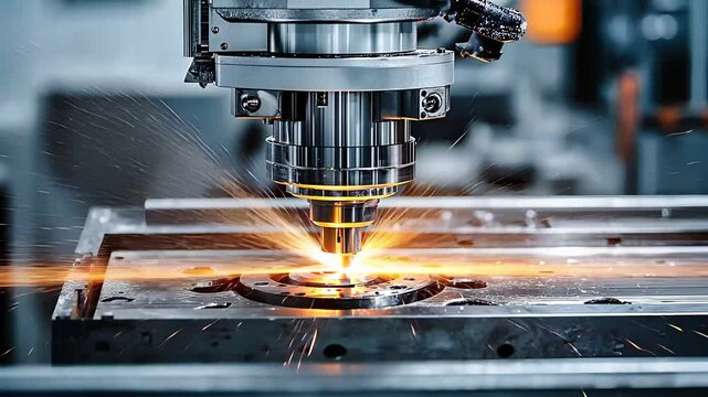 High-precision CNC machine cutting metal with sparks, representing advanced manufacturing technology, industrial automation, and engineering processes.

