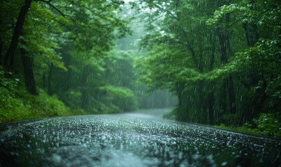 Obraz premium Rainy road through a lush green forest.