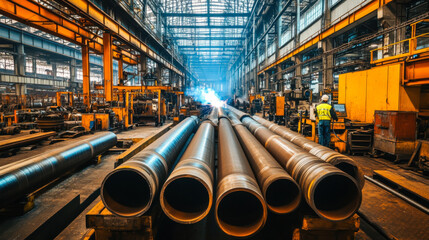 Industrial manufacturing facility showcasing pipes in production line during daytime with machinery and workers present