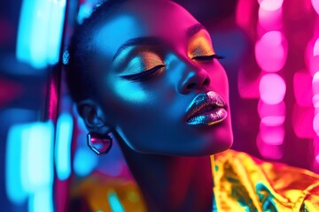 Fototapeta premium Woman with glowing makeup in neon lights