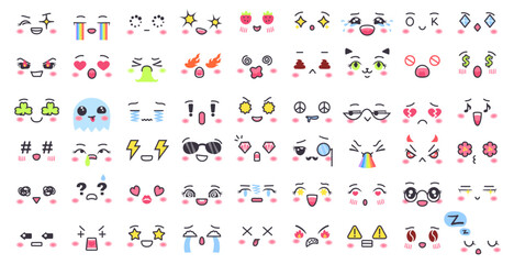 Cute kawaii faces. Anime facial expressions, manga style emotions with icon shaped eyes and simple mouth shapes. Asian cartoon face mood stickers vector set