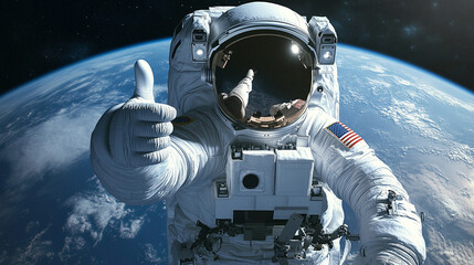 Astronaut in deep space shows thumbs up against background of planet Earth