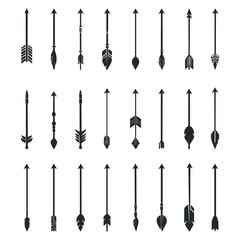 Naklejka premium Bow arrow black icons set. Archery symbol. Archer medieval target warrior weapon indian feather vintage arrow. Hunt longbow sign. Simple black and white flat style isolated vector clipart collection