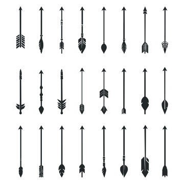 Bow arrow black icons set. Archery symbol. Archer medieval target warrior weapon indian feather vintage arrow. Hunt longbow sign. Simple black and white flat style isolated vector clipart collection
