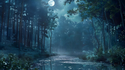 Obraz premium Mystical Moonlit Forest River - Tranquil Night Landscape Photography