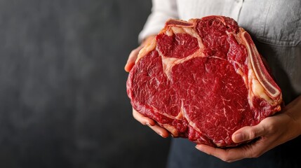 Close-up View of Hands Holding Fresh Raw Beef Steak