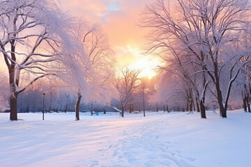 Obraz premium Snowy park at sunrise with frosted trees
