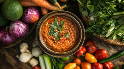 A beautiful arrangement of traditional Thai chili dip alongside seasonal vegetables, with a rustic backdrop that enhances the authenticity of the meal.