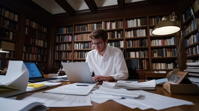 A young businessman sits alone at his desk at night, focused on his laptop, with books and papers scattered around him in a bright office
