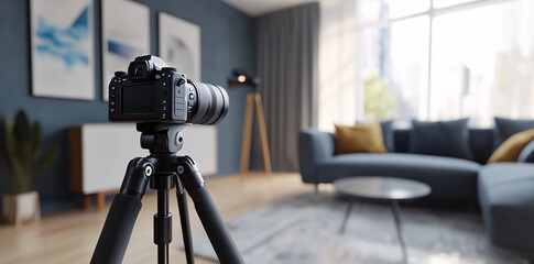 A modern and stylish photo studio with natural light, a high-quality camera on the counter, live plants and laconic decor. Photos and videos for personal blogs and interviews