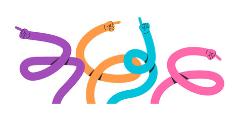 Long pointing hands. Twisted funny colorful arms with pointing finger hand gestures point in different directions. Flexible arms navigation doodle vector set