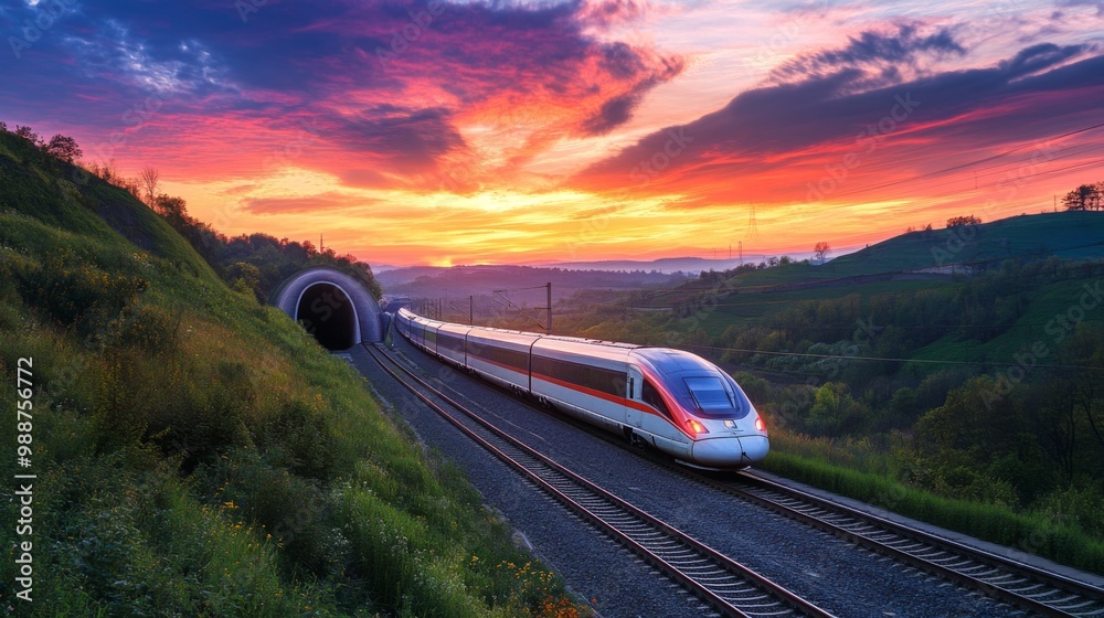 Poster a beautiful sunset view of a high-speed train entering a tunnel, with vibrant colors in the sky cont