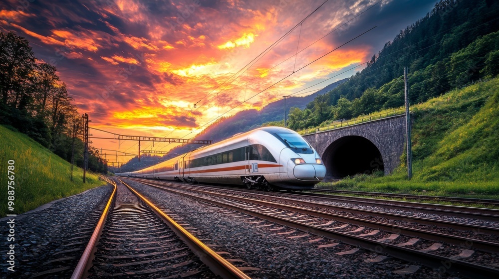 Poster a beautiful sunset view of a high-speed train entering a tunnel, with vibrant colors in the sky cont