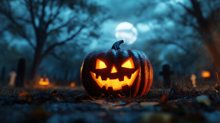 Obraz premium Jack-o-lantern pumpkin in cemetery in creepy forest on Halloween night. Halloween background, Halloween banner, space for text