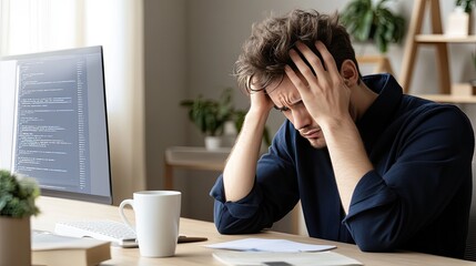 A young man sits at his office desk with a worried expression, holding his head in one hand while glancing at the camera in a modern corporate setting