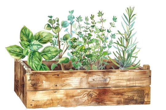 watercolor herbs in wooden box clip art preview