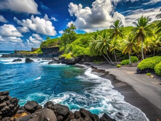 Obraz premium Stunning black sand beach on the tropical island of Hawaii with dramatic lava formations and azure waters