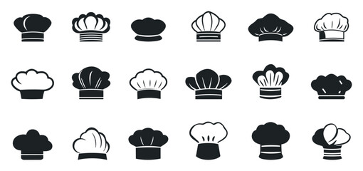 Chef hat silhouettes flat icons set. Kitchen headwear cook hed hat logo. Professional cafe restaurante chef accessory. Menu culinary and websites design element. Simple black and white flat style