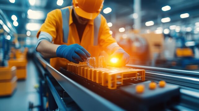 Large-scale recycling plant with automated machinery crushing plastic waste into small particles, eco-friendly technology in action plastic recycling, machinery