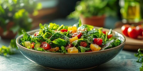 Vibrant salad with fresh greens, colorful vegetables, softly blurred background, minimal decor enhancing the dish's appeal