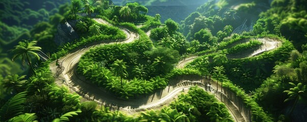 A challenging mountain biking course with sharp turns and steep inclines, set in a lush, green forest