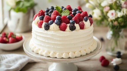 A beautifully decorated layer cake topped with fresh berries and whipped cream, presented on an elegant cake stand, perfect for a celebratory occasion.