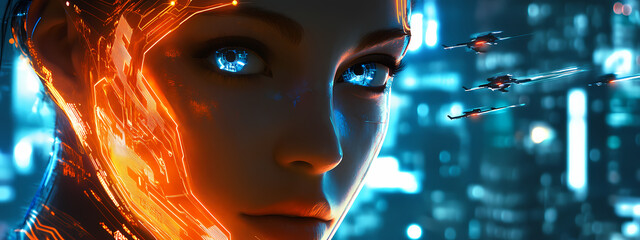 Cybernetic Female with Futuristic Cityscape