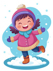 happy cute little girl play and wear jacket in winter season. child smile wearing warm clothes