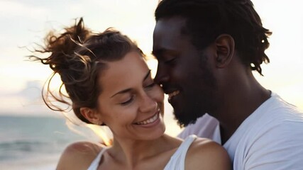 Interracial Couple Embracing at Sunset on Beach with Romantic Expressions