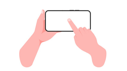 Hand Holding Smartphone Horizontally with Blank Screen, Finger Tap, and Touch - Vector Illustration