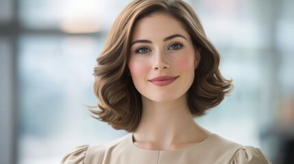 Fototapeta premium Elegant Woman with Bob Hairstyle Posing by Window Light