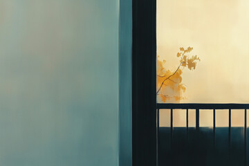 A painting of a window with a tree outside