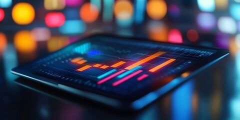 Obraz premium Digital tablet with data chart, surrounded by an array of tech gadgets, showcasing modern technology and innovation in a sleek environment