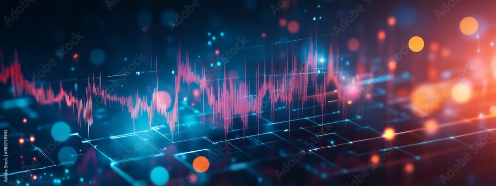 Poster dynamic visualization of sound waves with colorful elements in a digital environment at night, illus