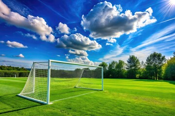Fototapeta premium The lush green grass soccer field stretches out, bounded by two tall white goalposts, overlooked by a brilliant blue sky shining down.