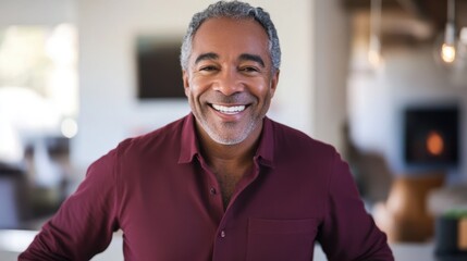 Fototapeta premium Smiling Mature African American Man in Stylish Burgundy Shirt Indoors