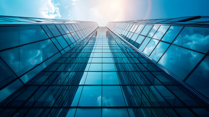Modern Skyscraper Architecture: Glass Facade and Blue Sky