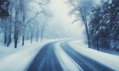 Fototapeta premium Snowy road winding through a winter forest.