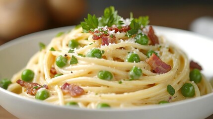 A bowl of creamy carbonara spaghetti with crispy bacon and peas, beautifully plated and garnished with parsley, perfect for an elegant dinner.
