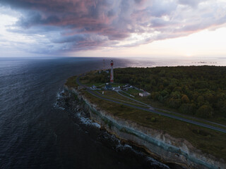 Paldiski Peninsula during a sunrise and stormy sky, drone point of view.