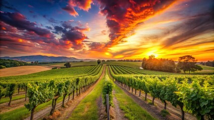 Naklejka premium The vineyard sprawls across the rolling countryside, rows of lush grapevines stretching towards the horizon where the sunset casts a warm golden glow.