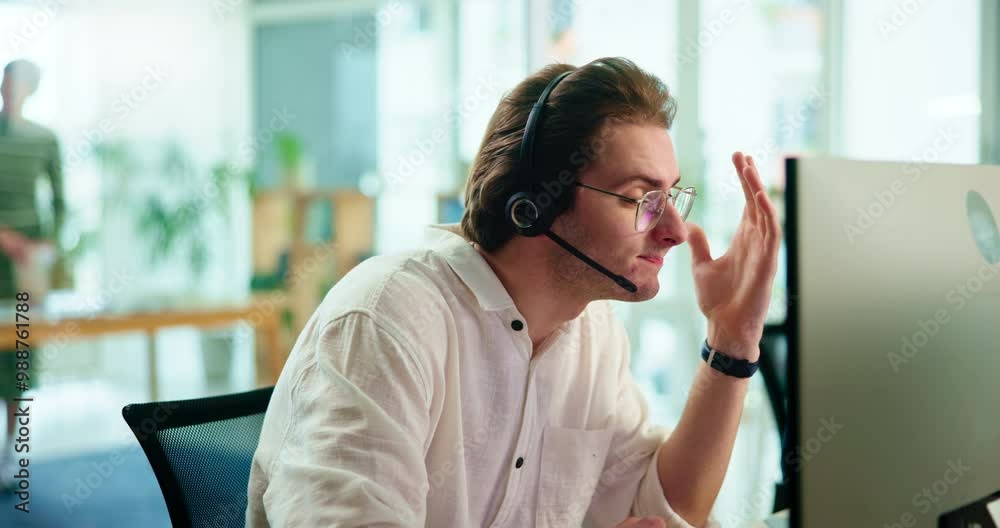 Aufkleber man, call center and stress by computer with talking, reading or frustrated for tech support in offi