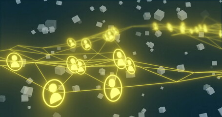 Image of network of connections with people icons over cubes on black background