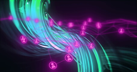 Image of network of connections with people icons over light trails