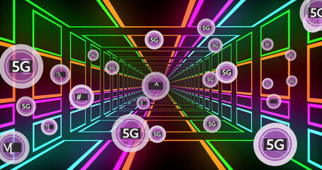Image of network of connections with 5g text over neon tunnel