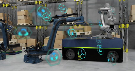 Image of ecology icons over machines in warehouse